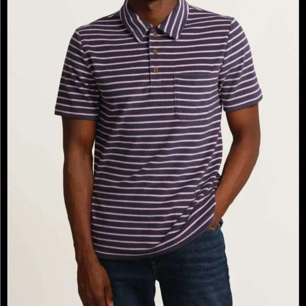 Magaschoni Man Terry Cloth Polo Shirt Mens XL Navy Purple Striped Short Sleeve